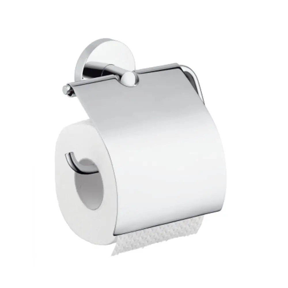 Hansgrohe Toilettenpapierhalter aus Chrom mit Deckel. Der Halter ist wandmontiert und zeigt eine platzierte Toilettenpapierrolle.